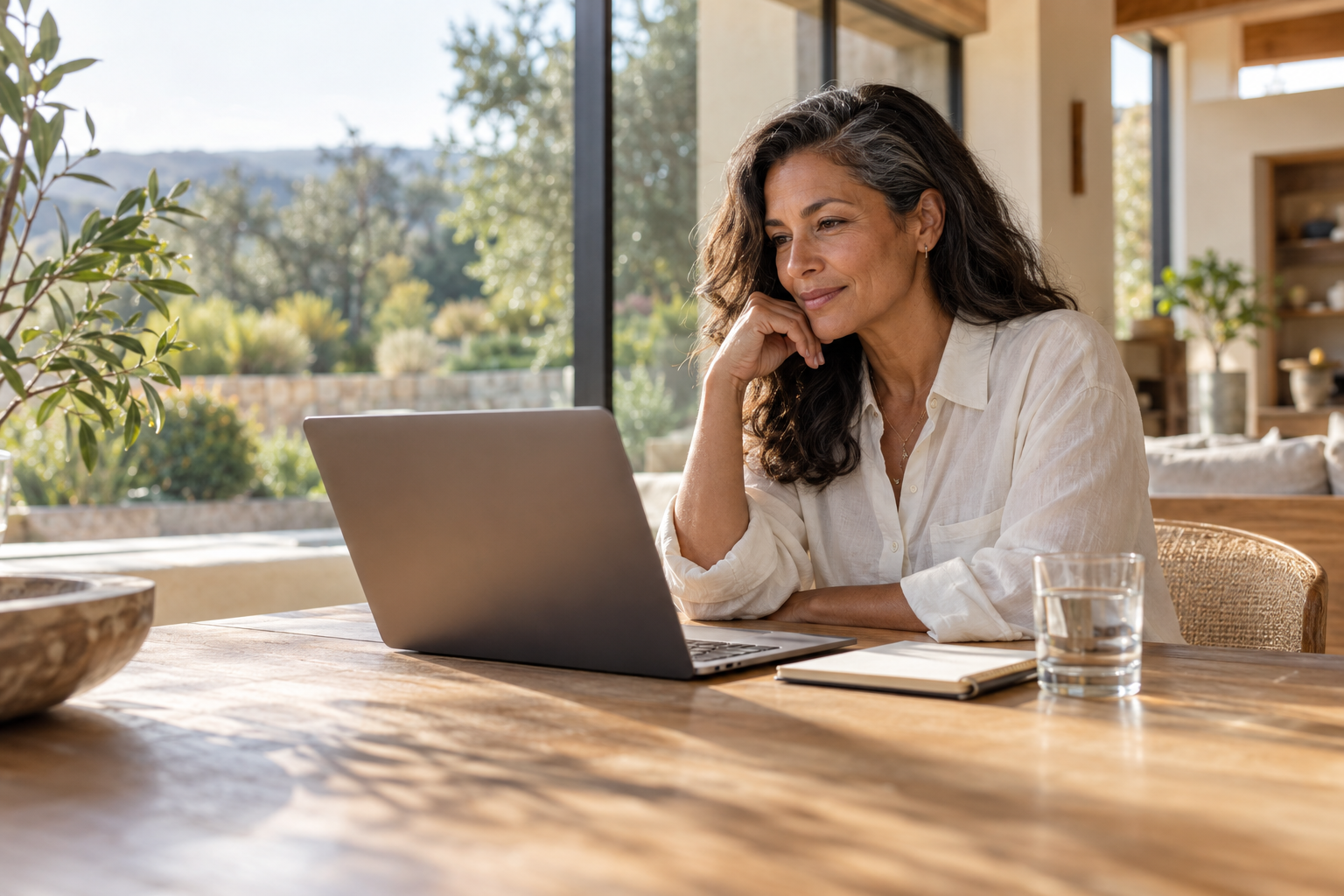 Illustrative scene of a woman engaged in a remote care conversation at home